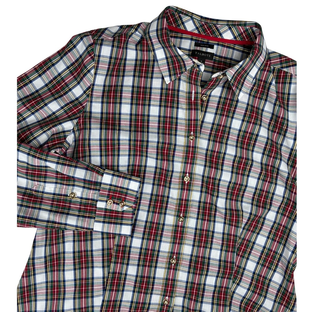 Talbots Plaid Button Up Shirt 6 Tartan Holiday Christmas Red Green Gold Non-Iron